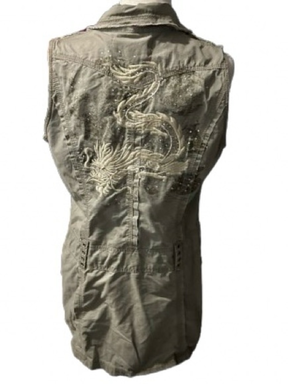 Vintage Cotton Army Olive Green Dragon Embroidered MUR MUR 90s Y2K Large Dress